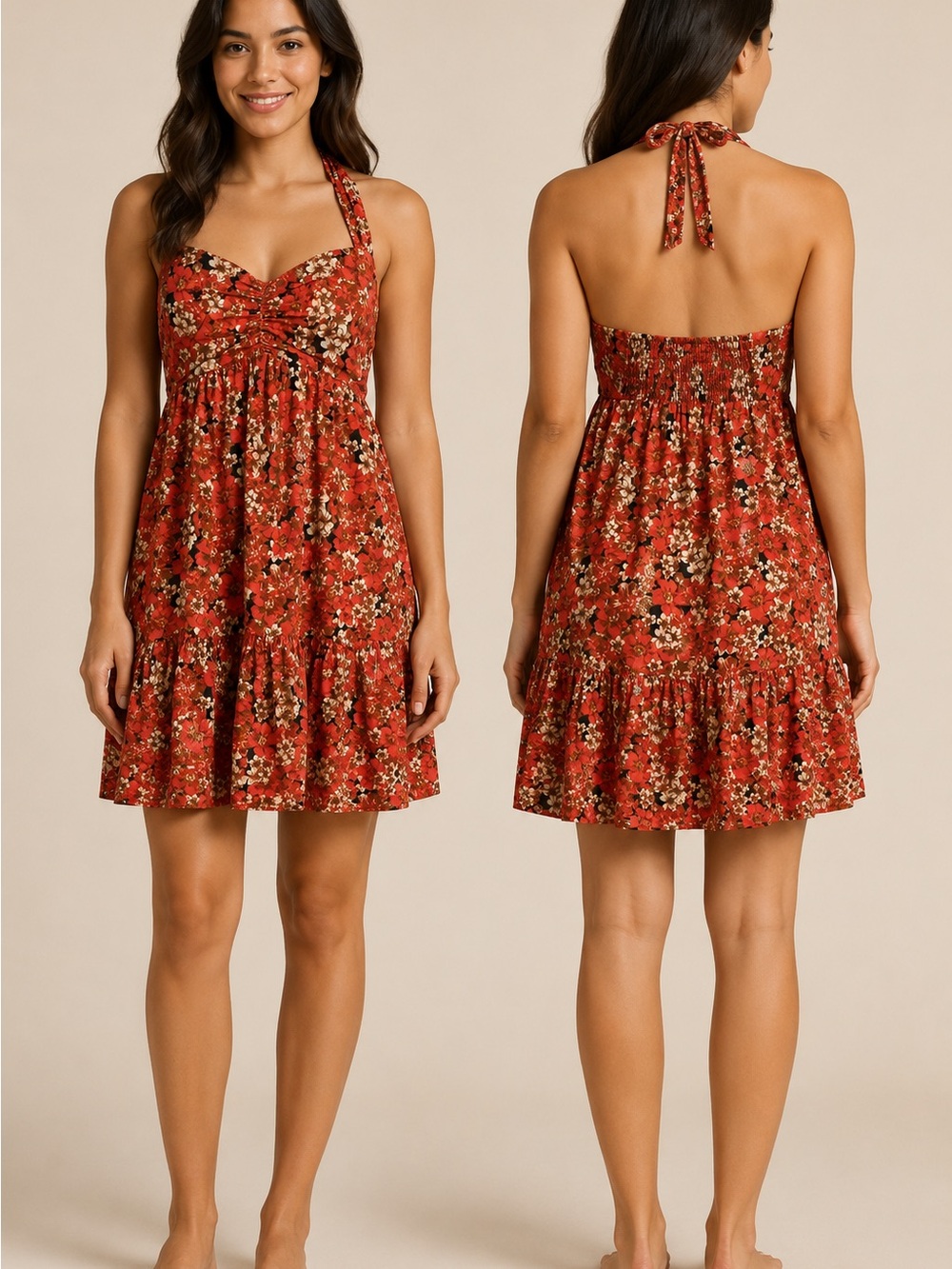 Free People Rust Floral Halter Mini Dress linen blend